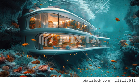 Submerged serenity: mesmerizing underwater house room reveals aquatic wonders through panoramic aquarium windows, a tranquil retreat in the heart of the deep blue Submerged serenity: mesmerizing underwater house room reveals aquatic wonders through panoramic aquarium windows, a tranquil retreat in the heart of the deep blue 112119611