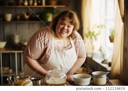 Down syndrome persona, resilience and positivity, radiant joy, genuine smile. 112119659