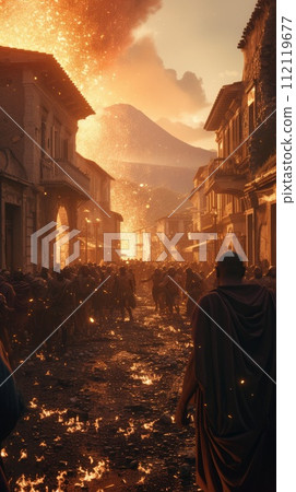 Pompeii tragedy: a haunting portrayal of the volcanic eruption's chaos, horror, and the people's plight, capturing the devastation and human tragedy in the ancient city's ruins 112119677