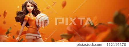 Cartoon character in style, banner copy space background, Cute animated figure standing with a ball playing a sports game volleyball 112119878