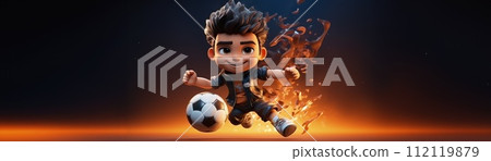 Cartoon character in style, banner copy space background, Cute animated figure standing with a ball playing a sports game soccer football . Cartoon character in style, banner copy space background, Cute animated figure standing with a ball playing a sports game soccer football . 112119879