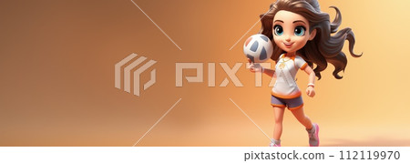 Cartoon character in style, banner copy space background, Cute animated figure standing with a ball playing a sports game volleyball 112119970
