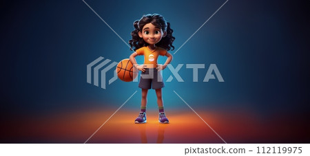 Cartoon character in style, banner copy space background, Cute animated figure standing with a ball playing a sports game basketball 112119975