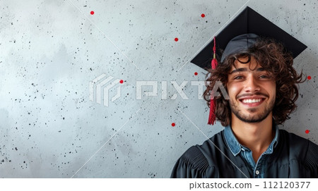 Student cap, graduation cap, diploma, banner: a triumphant celebration marking the end of the school year, embracing academic achievement and success with the issuance of diploma certificates. 112120377
