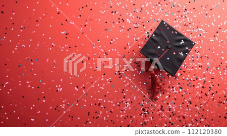 Student cap, graduation cap, diploma, banner: a triumphant celebration marking the end of the school year, embracing academic achievement and success with the issuance of diploma certificates. Student cap, graduation cap, diploma, banner: a triumphant celebration marking the end of the school year, embracing academic achievement and success with the issuance of diploma certificates. 112120380