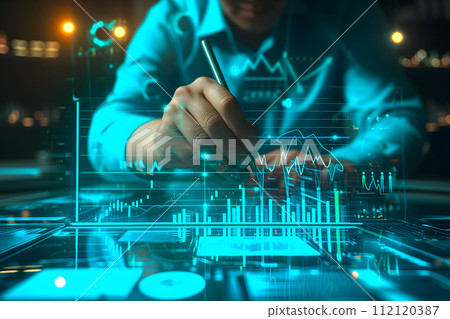 AI-generated content. businessman sketching a growing virtual hologram of statistics, graphs, and charts. Representing the stock market and sales data analysis. Investment growth based on currency AI-generated content. businessman sketching a growing virtual hologram of statistics, graphs, and charts. Representing the stock market and sales data analysis. Investment growth based on currency 112120387