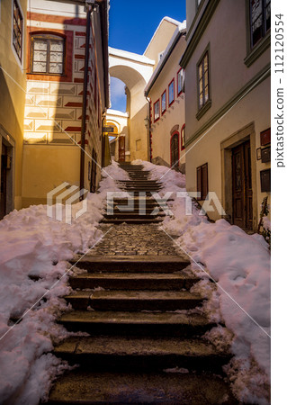 View of Cesky Krumlov in winter, Czech Republic. 112120554