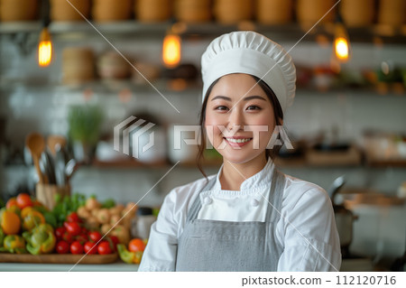 young asian female chef in apron and hat standing in modern kitchen young asian female chef in apron and hat standing in modern kitchen 112120716