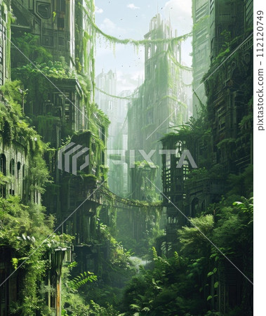 A city in the future covered in greenery, forest and trees filled the Megopolis , Abandoned , Empty streets, overgrown, alternative, 112120749