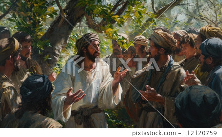 In serene tableau, Jesus Christ and disciples gather, radiating divine harmony. Scene captures essence of spiritual teachings and the sacred camaraderie among these central figures of Christian faith. In serene tableau, Jesus Christ and disciples gather, radiating divine harmony. Scene captures essence of spiritual teachings and the sacred camaraderie among these central figures of Christian faith. 112120759