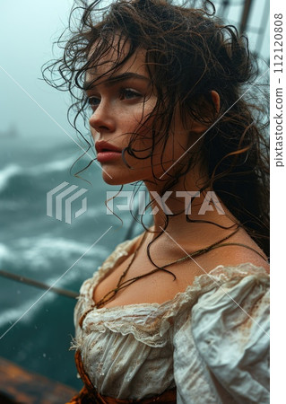 A vision of timeless allure: woman in intricate medieval Victorian garb. Graceful silhouette, adorned with authentic details, she embodies elegance of bygone eras, a living portrait of regal beauty. A vision of timeless allure: woman in intricate medieval Victorian garb. Graceful silhouette, adorned with authentic details, she embodies elegance of bygone eras, a living portrait of regal beauty. 112120808