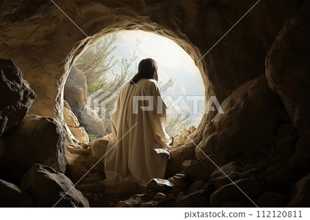 Resurrection moment: jesus christ's rebirth, the unveiling of the tomb in the sacred cave, a divine narrative of hope, faith, and spiritual awakening in Christian tradition Easter 112120811