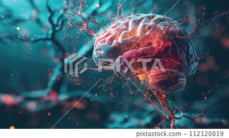 Neural networks weave through the brain, resembling a complex web of connections. The visual encapsulates the intricate dance of signals and processes within the neural landscape. 112120819