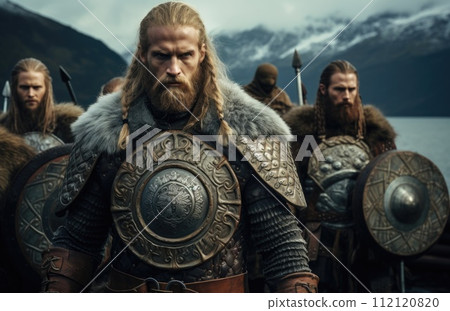 Viking warrior man, chronicles of viking warrior: saga of strength, valor, conquest in untamed north - a tale of fierce battles, epic journeys, and indomitable spirit of Norseman forging his destiny. 112120820