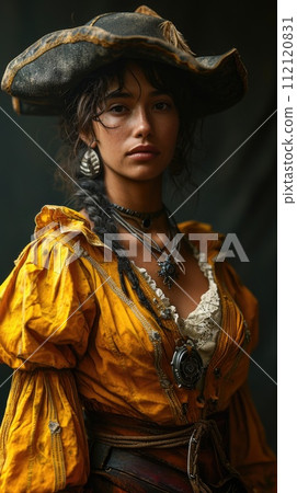 Captivating elegance: a latina woman adorned in authentic mid-century and Victorian era dress, weaving a cultural tapestry of style that transcends time, embracing heritage and timeless fashion. 112120831