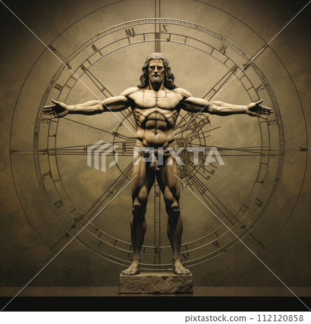 Unveiling perfection: timeless allure of vitruvian man, leonardo da vinci's iconic representation of human proportions, symmetry, harmonious intersection of art and science in renaissance brilliance. 112120858