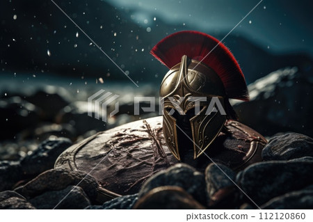 Spartan, a solitary warrior in minimalist armor, radiating discipline and strength. Embody essence of ancient Greek valor unyielding resilience. Austere training battlefield prowess, essence spirit. 112120860