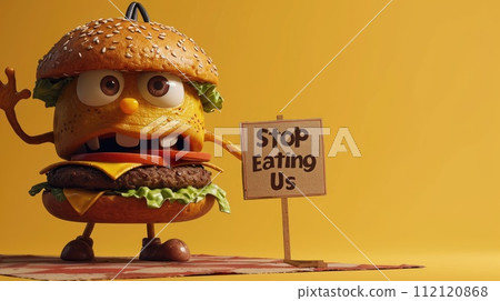 Whimsical plea: cartoon characters, fast food holding a sign 'Stop Eating Us.' A playful take on the concept of proper nutrition and the pursuit of a healthier lifestyle. 112120868
