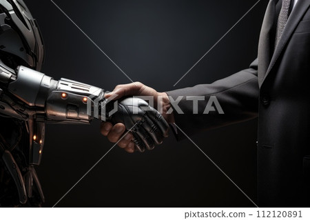 Synergistic collaboration: dynamic of mutual aid between cyborgs and humans, envisioning a harmonious partnership technology and humanity unite for shared goals, progress, and coexistence. Synergistic collaboration: dynamic of mutual aid between cyborgs and humans, envisioning a harmonious partnership technology and humanity unite for shared goals, progress, and coexistence. 112120891