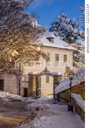 View of Cesky Krumlov in winter, Czech Republic. 112121114