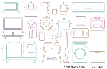 New life furniture and home appliances illustration material set vector white background line drawing simple 112121606