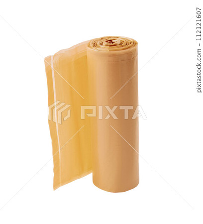 Yellow roll of garbage bags isolated on white background 112121607