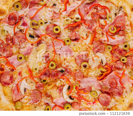 Pizza with Bavarian sausages, mushrooms close up Pizza with Bavarian sausages, mushrooms close up 112121639