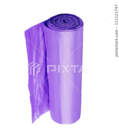 Purple roll of garbage bags isolated on white Purple roll of garbage bags isolated on white 112121747