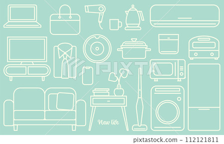 New life Simple furniture and home appliances illustration material set Line drawing Vector 112121811