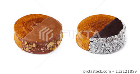 Round Croissant with brown and black chocolate and coconut Round Croissant with brown and black chocolate and coconut 112121859