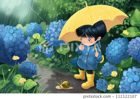 A boy in a raincoat holding an umbrella, hydrangeas and snails 112122107