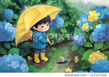 A boy in a raincoat holding an umbrella, hydrangeas and snails 112122108