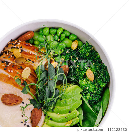 Healthy salad bowl with chicken breast top view Healthy salad bowl with chicken breast top view 112122280