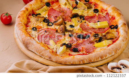 artichoke pizza with ham top view artichoke pizza with ham top view 112122337