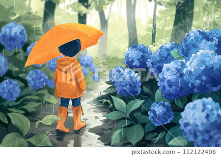 A boy with an umbrella and hydrangea 112122408