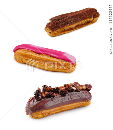 different types of French eclairs on a white background 112122455