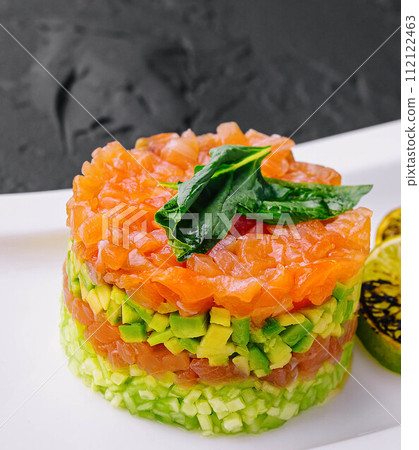 Salmon tartare with avocado on plate Salmon tartare with avocado on plate 112122463