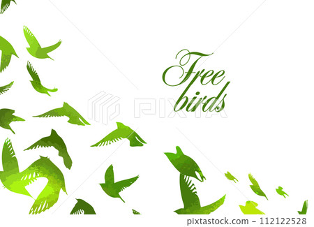 A flock of green watercolor flying birds. Free birds abstraction. hand drawing. Not AI. Vector illustration 112122528