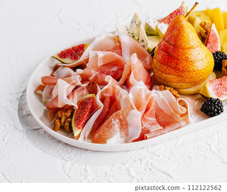 Italian antipasto with prosciutto, cheeses, nuts and fruits Italian antipasto with prosciutto, cheeses, nuts and fruits 112122562