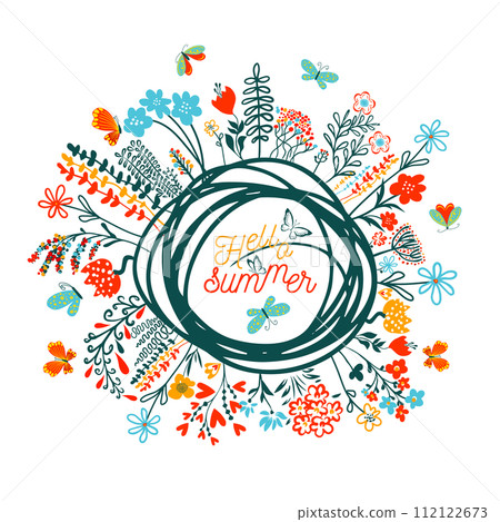Hand drawn vector frame. Hello summer. Round flower frame. Not AI, Vector illustration 112122673