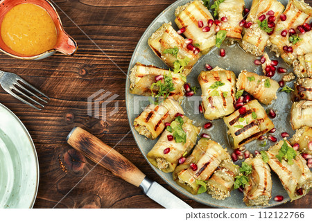 Georgian eggplant rolls, badrijani 112122766