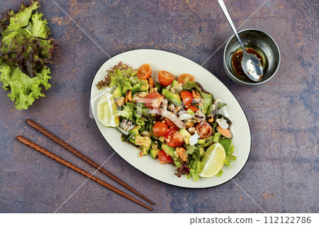 Homemade seafood salad with fish mussels, octopus. Homemade seafood salad with fish mussels, octopus. 112122786