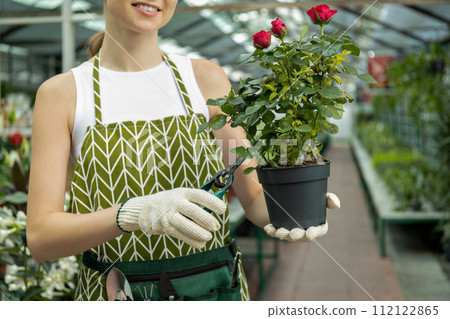A girl florist takes care of flowers in a green house. 112122865