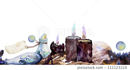Hand drawn watercolor sea witch altar objects. Burning candles on bog driftwood, gemstone beads, glass bottles with blank tag. Seamless banner isolated on white background. Design print, shop, magic Hand drawn watercolor sea witch altar objects. Burning candles on bog driftwood, gemstone beads, glass bottles with blank tag. Seamless banner isolated on white background. Design print, shop, magic 112123228