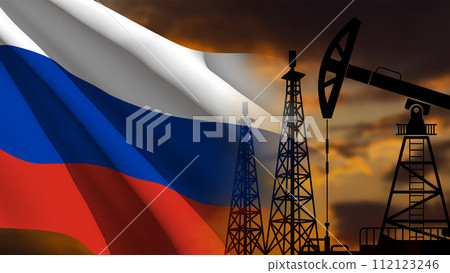 The Russian flag waving, with the silhouettes of oil and gas drilling rigs on the right 112123246