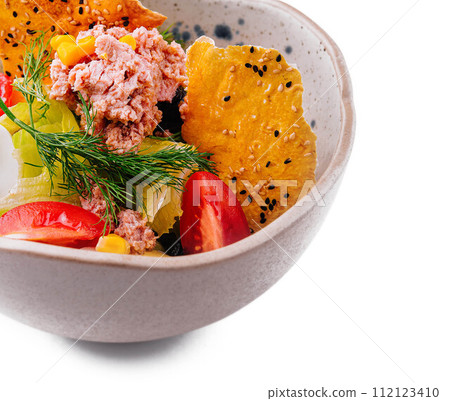 tasty salad tuna tomato corn and olive 112123410