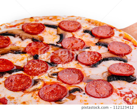 Pepperoni pizza with sausage close up Pepperoni pizza with sausage close up 112123412