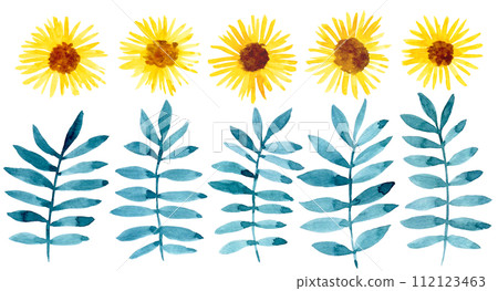 set with watercolor abstract flowers and leaves. yellow sunflower flowers 112123463
