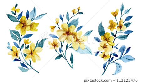 set of bouquets of abstract yellow flowers. watercolor drawing set of bouquets of abstract yellow flowers. watercolor drawing 112123476