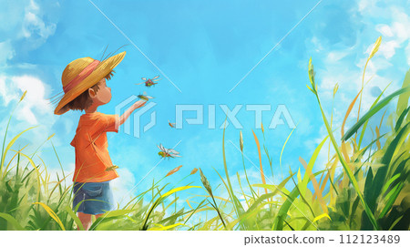 一個戴著草帽的男孩來找昆蟲 112123489
